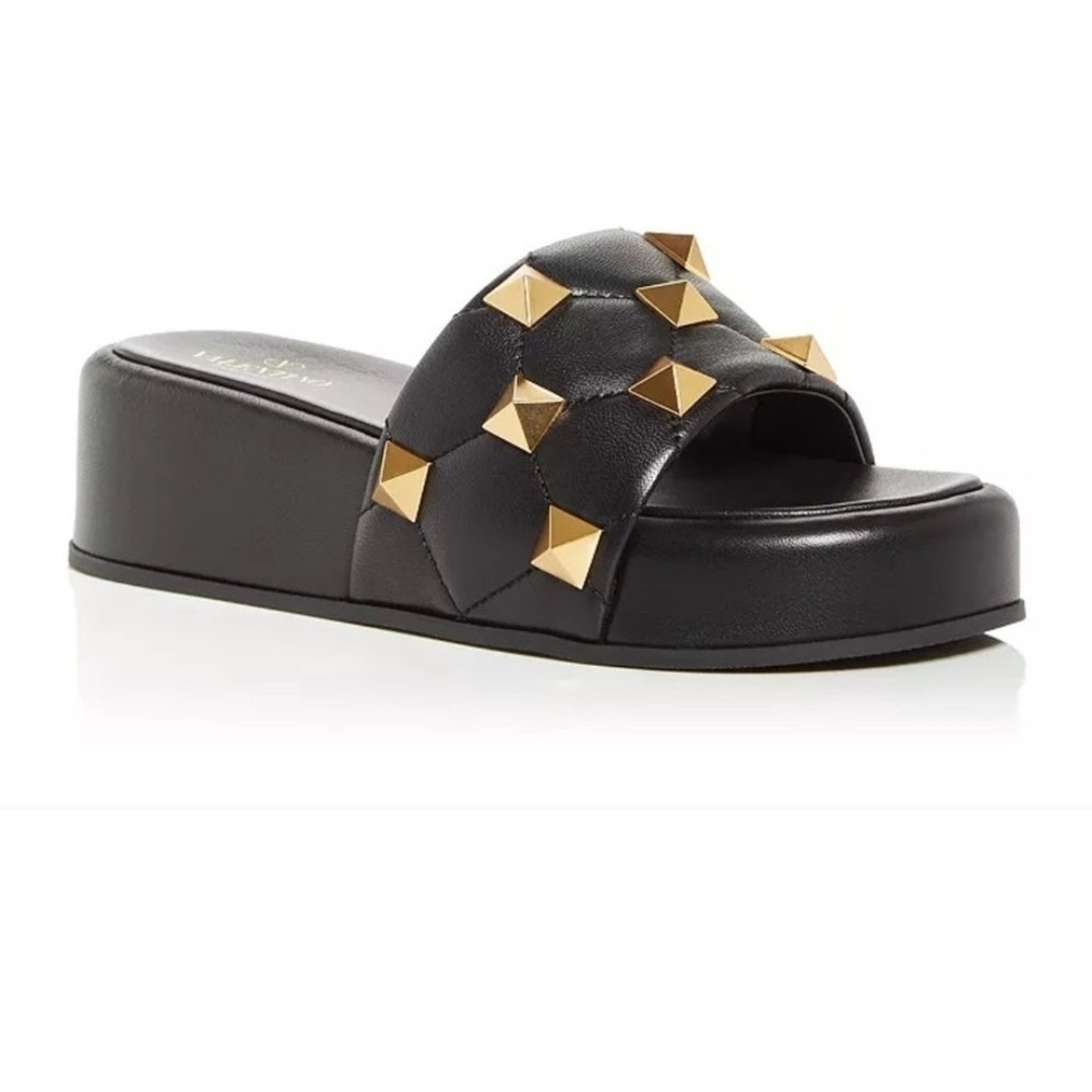 Valentino Garavani Black and Gold Platform Slides